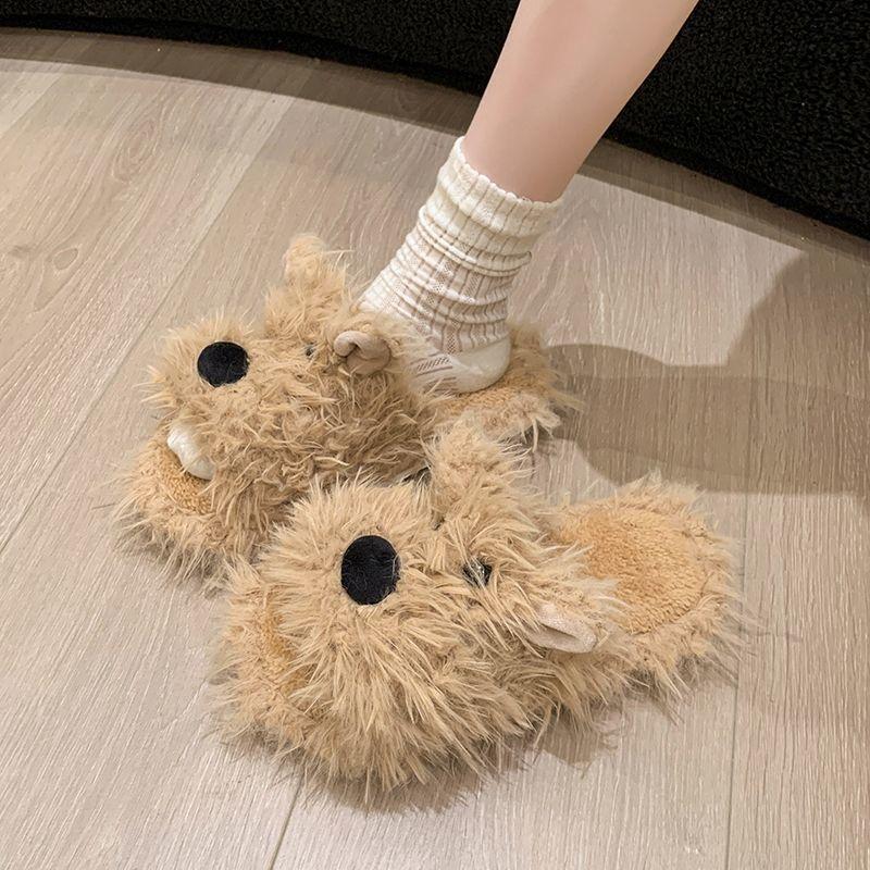 Cartoon Cute One-word Slippers Women's Season Fashion Versatile Cute Outer Wear Fluffy Slippers Women's Models