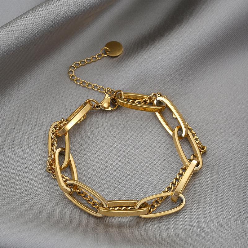 Women's Trendy Double-Layer Chunky Bracelet: Retro Gold Long Chain with Pendant In Titanium Steel
