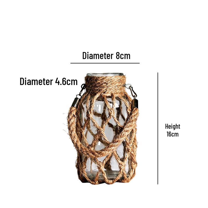 Retro Dried Flower Arrangement Glass Vase with Hemp Rope – Transparent Desktop Ornament for Home Decor