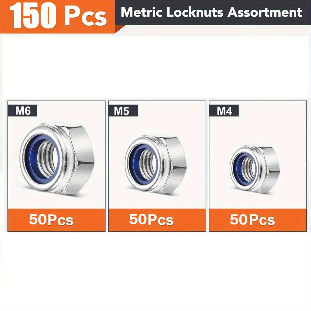 304 Stainless Steel Anti-loose Nut Set Anti-skid Self-locking Screw Cap 150Pcs Boxed Lock Nut M4M5M6