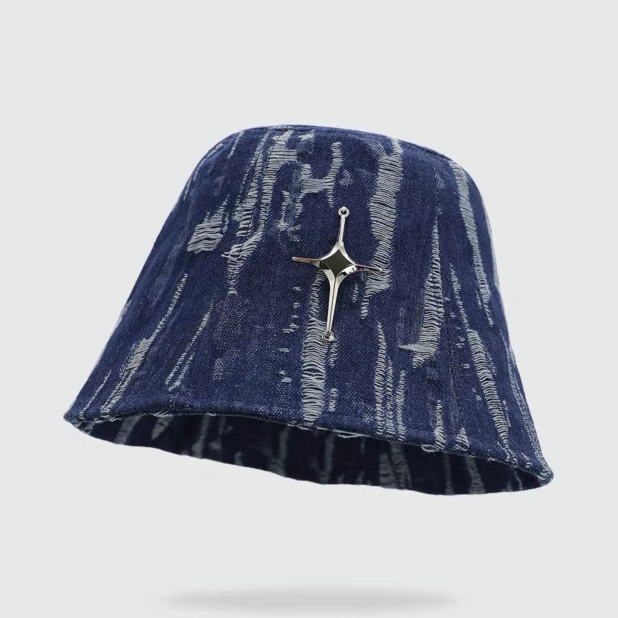 New versatile washed old denim bucket hat female sunscreen Internet celebrity washbasin hat big head circumference bucket