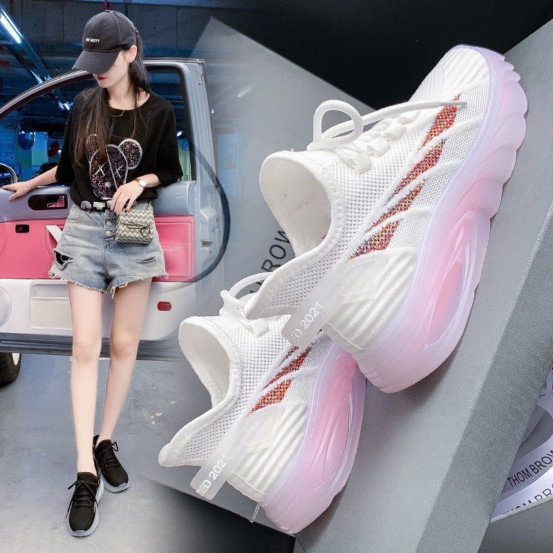 2025 new women's sports shoes shallow mouth low-top single shoes live drainage spot flying woven mesh soft sole trendy shoes