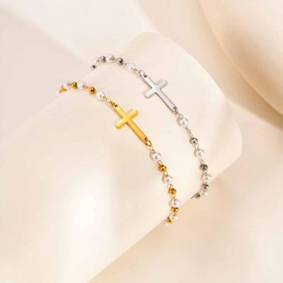 18K Gold Plated Pearl Cross Children Bracelet, Adjustable Stainless Steel First Communion Baptism Gift for Girls Boys