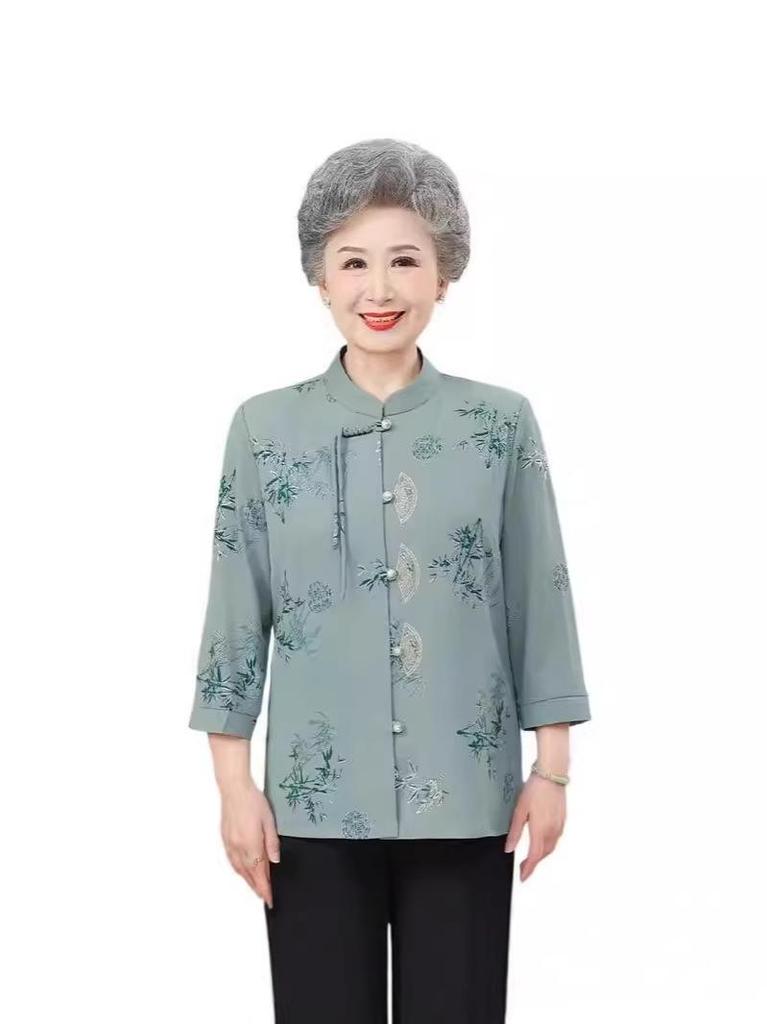 Mom's Spring & Autumn 2026 Chiffon Seven-Sleeve Shirt - New Chinese Style for Middle-Aged & Elderly Women