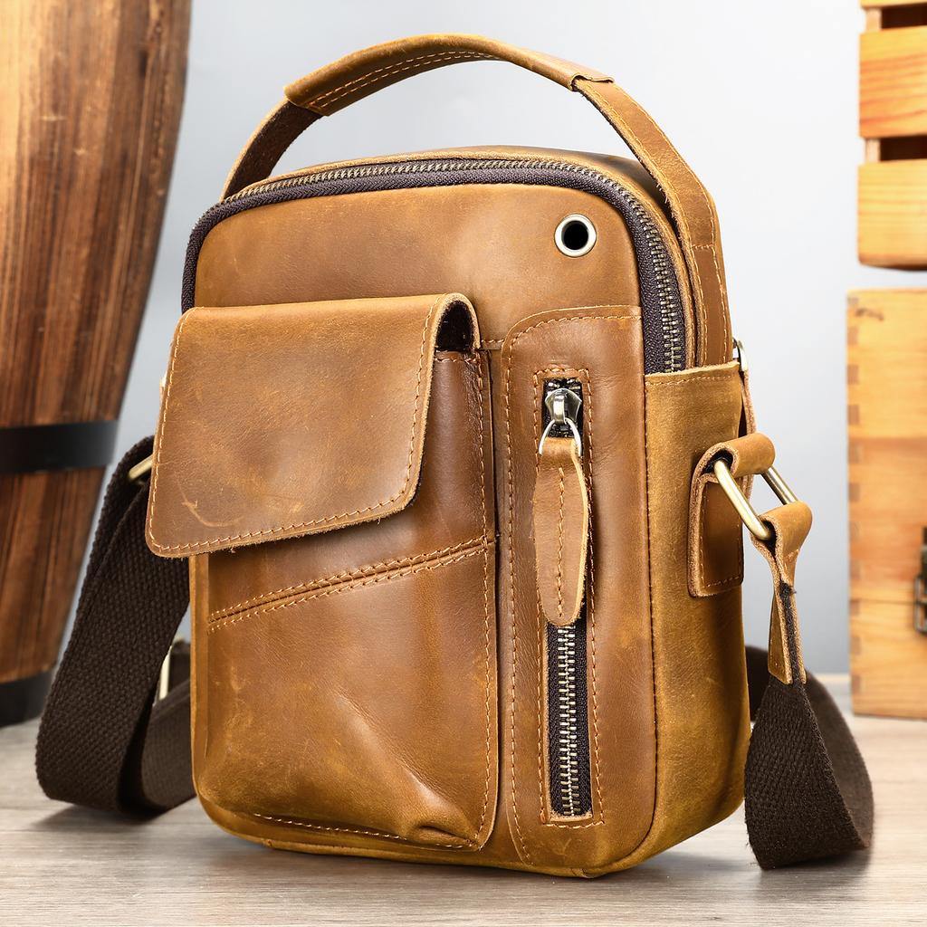 New Crazy Horse Leather Men's Bag Leather Vertical Men's Shoulder Bag Phone Small Bag Earphone Hole Small Men's Cross Shoulder Bag