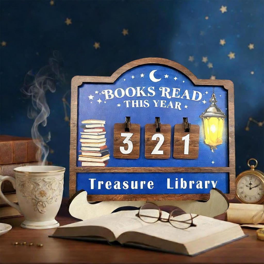 Book Read Counter Sign Wood Reading Challenge Decor Ornament with Changeable Number Plates Lantern Pattern Books Read This Year