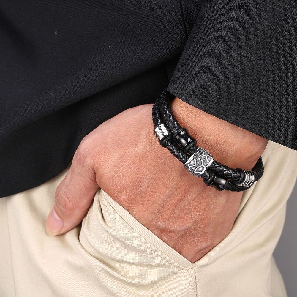 Geometrically Irregular Graphics Double Layers Stainless Steel Genuine Leather Bracelet Men Leather Bangle