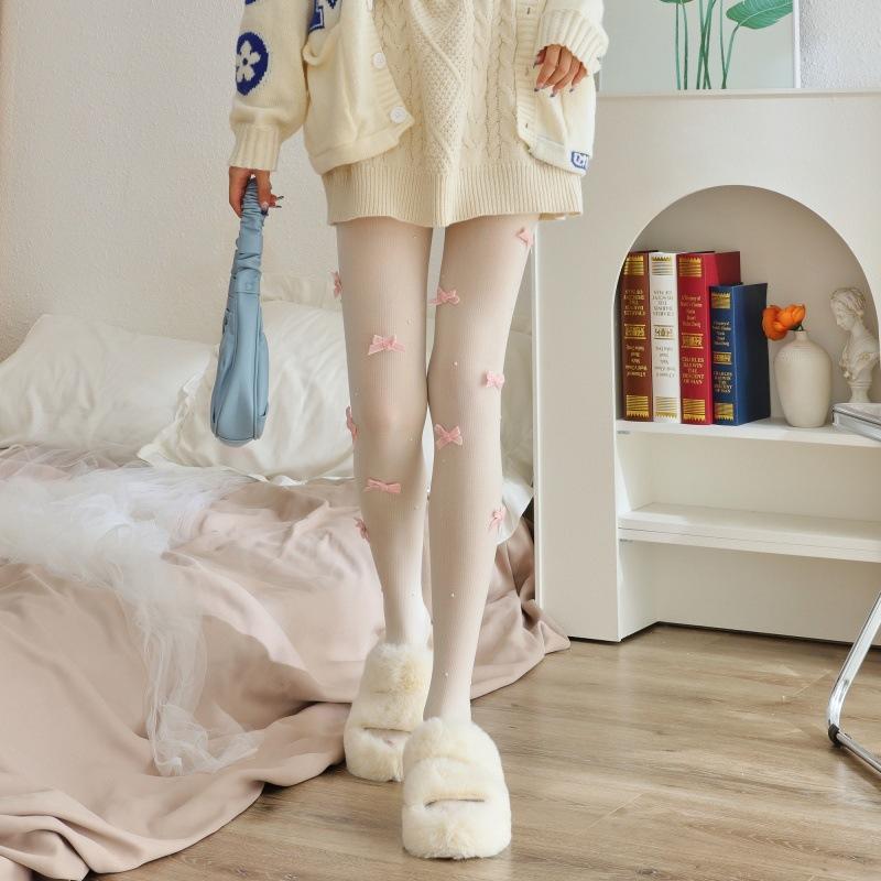 Niche Sweet Girl Pure Desire Milk White Handmade Velvet Bow Stockings Lolita Pearl Butterfly Velvet Bottom Stockings One size fits all