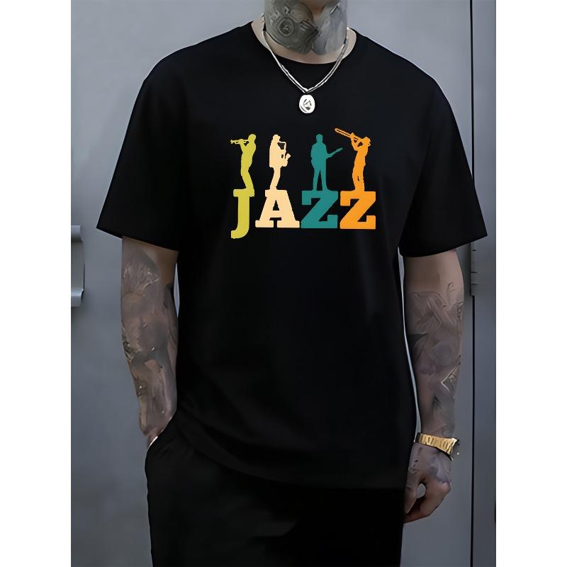 European sizes Men's Jazz Theme T-Shirt Colourful JAZZ Alphabet Silhouette Print T-Shirt, Casual Street Style Top, All-Season Apparel