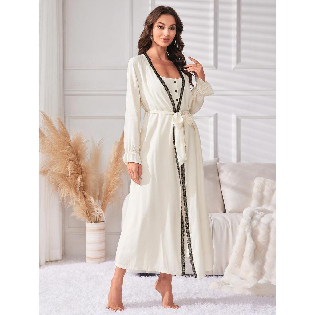 Women's Minimally Casual Mid Length Camisole Nightgown Night-robe Pajamas Sling Nightdress Lace Trim Long Sleeves Robe Home Casual Sleepwear