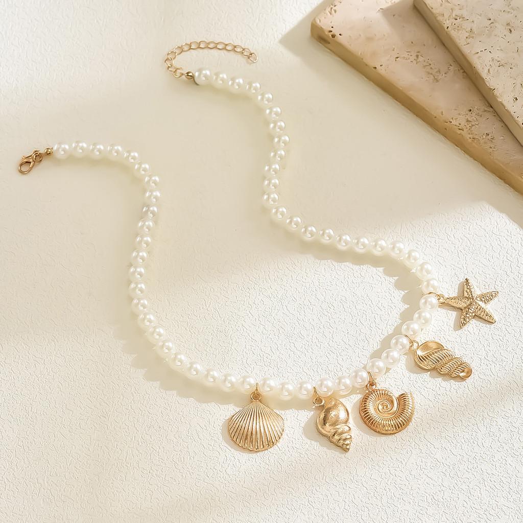 Oceanic Shell Starfish Pendant Necklace With Pearl Accents For Women