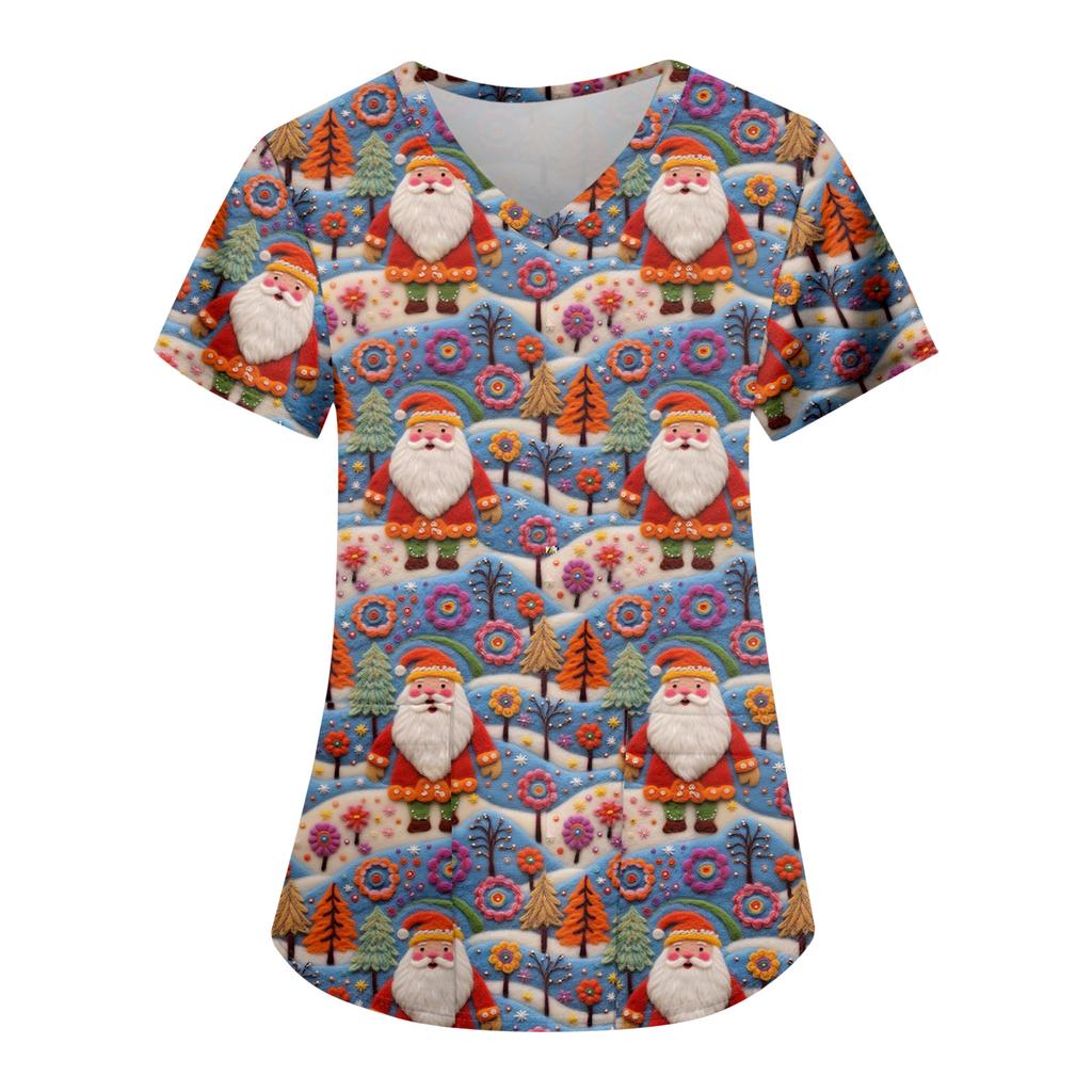 Women's Fashion Casual Christmas Print Pocket T-shirt Top