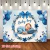 Newborn Boy Welcome Backdrop, Blue Floral Wreath and Balloons Design for Baby Shower Decoration