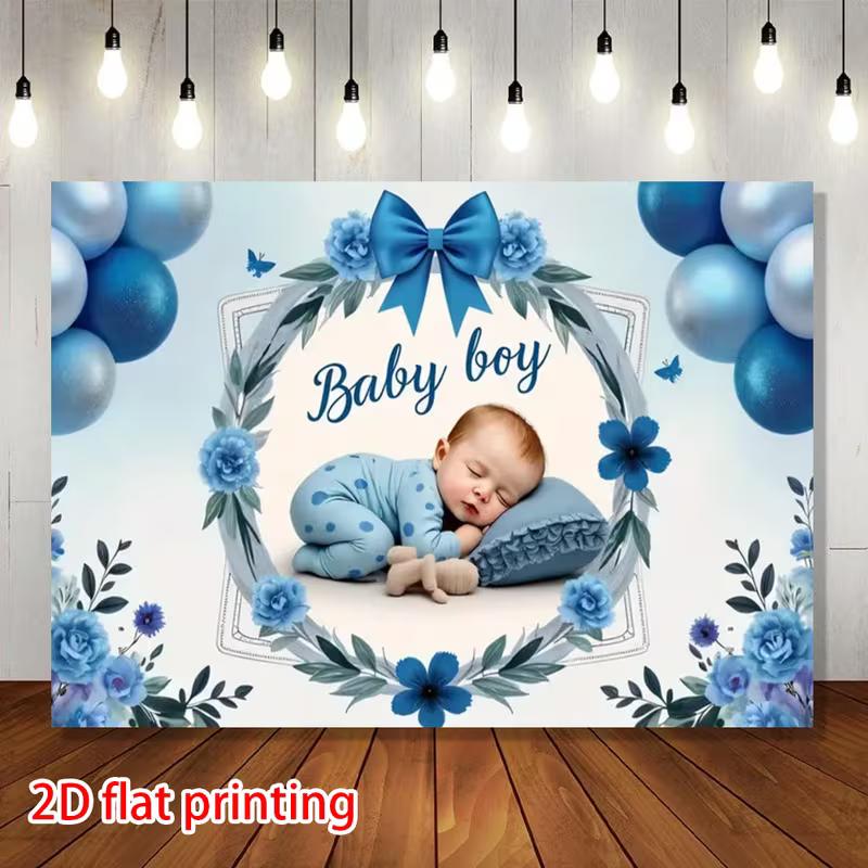 Newborn Boy Welcome Backdrop, Blue Floral Wreath and Balloons Design for Baby Shower Decoration