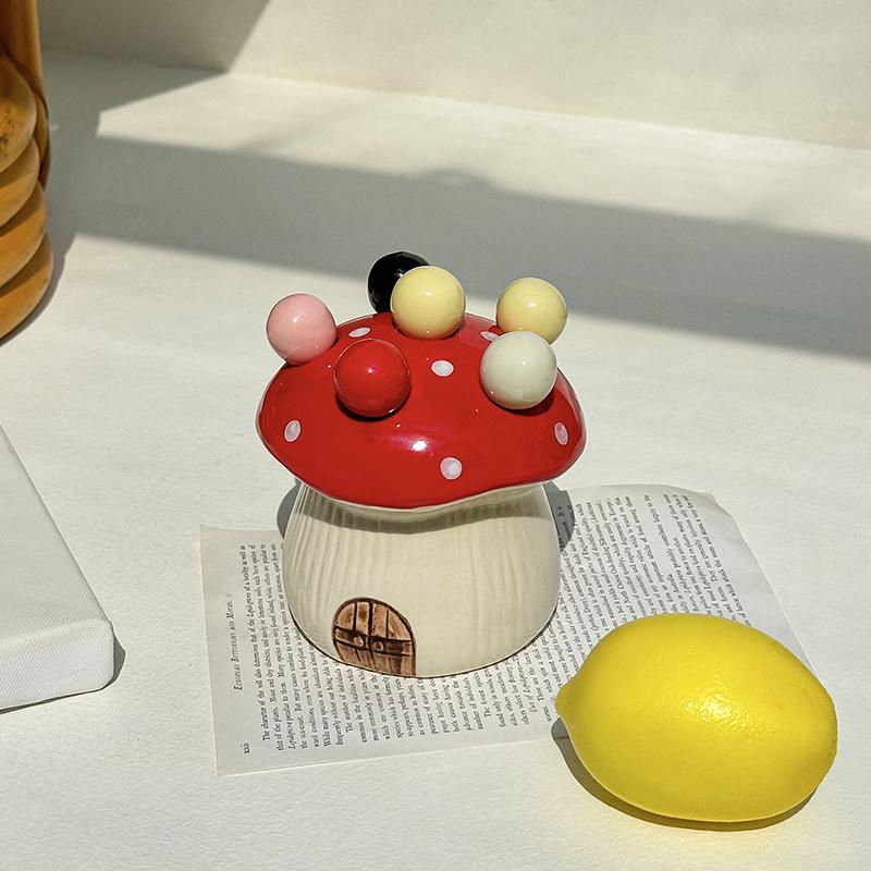 Cute Mushroom Fruit Fork Set Dessert Cake Stainless Steel Small Fork Storage Can Fruit Fork Home Decoration Kitchen Accessories