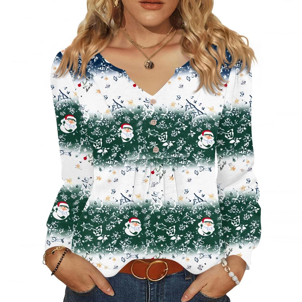Women's Fashionable Casual V-neck Blouse Button Christmas Printed Long-sleeved Pullover T-shirt Top