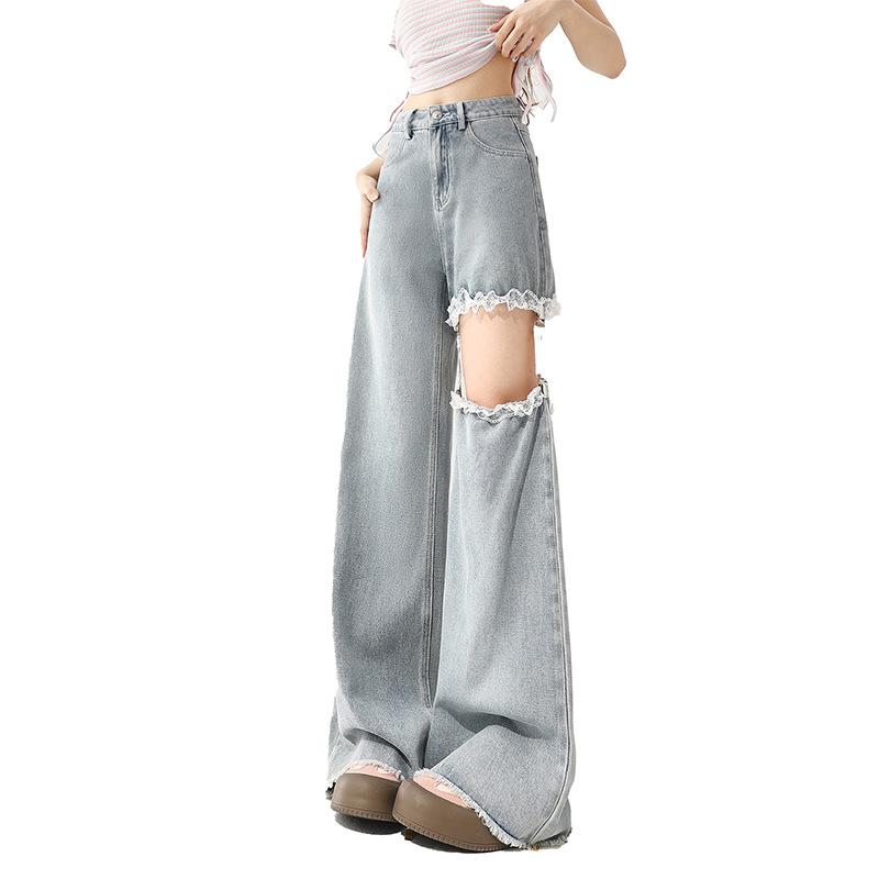

Light ruffled high-waisted straight leg jeans Women s New American style short hollow wide leg pants L синий