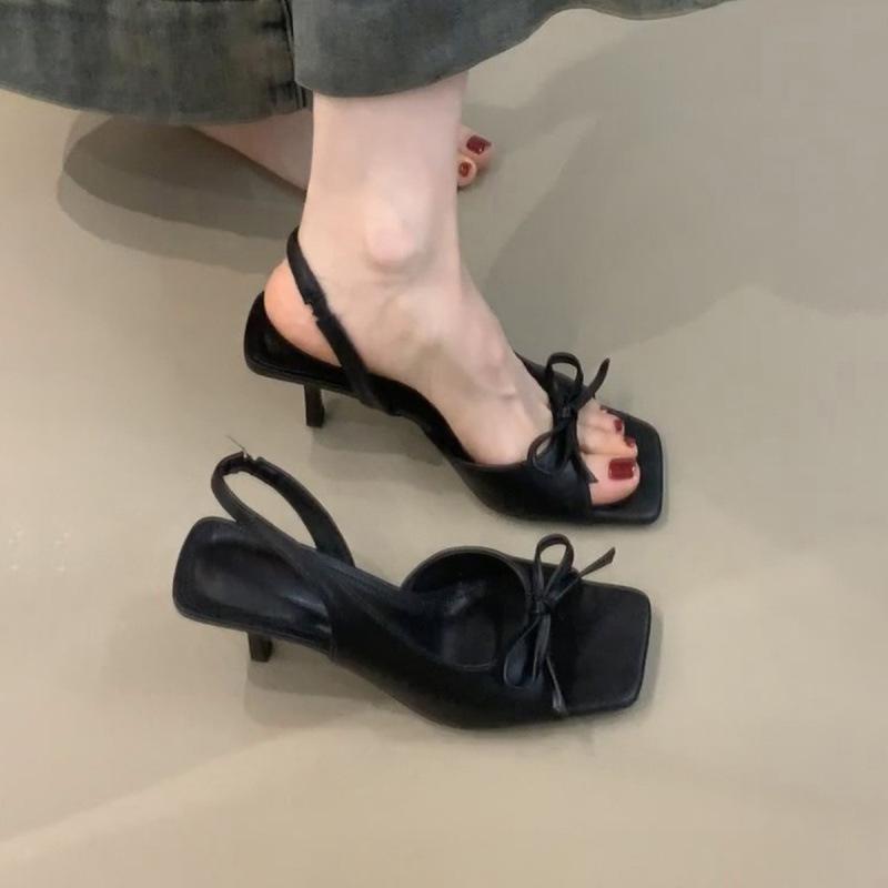 

French fairy style sandals female 2025 summer temperament elegant floral bow open-toed high-heeled stiletto sandals 40 чёрный
