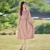 2025 Spring Women's Plaid Waist-Slimming Long Sleeve Dress with Turn-Down Collar
