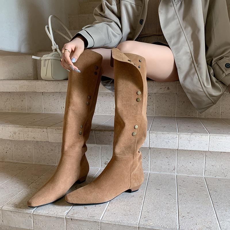 European goods popular fashion tall stacking boots women's 2025 autumn new square head low heel but knee casual western boots
