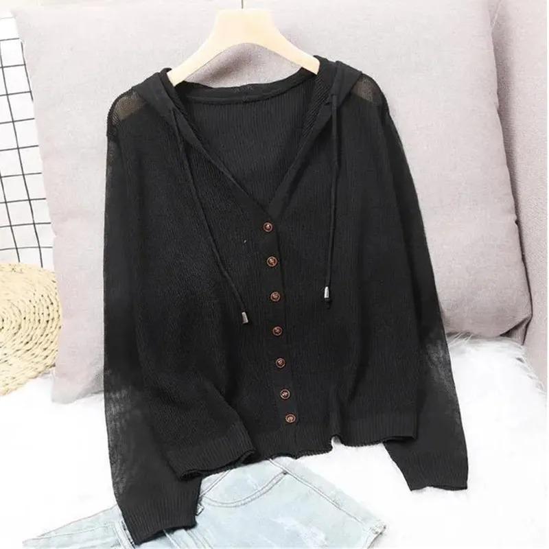 Summer Short Knitted Cardigan Coat Women's Hooded Ladies Solid Color Button Sun Protection Thin Outdoor Outwear