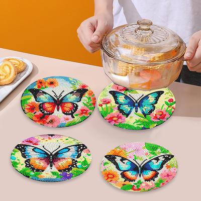 4 Pcs Wooden Diamond Painting Coasters Round Diamond Painting Placemats for Beginners Adults Art Craft Supplies for Table Decor
