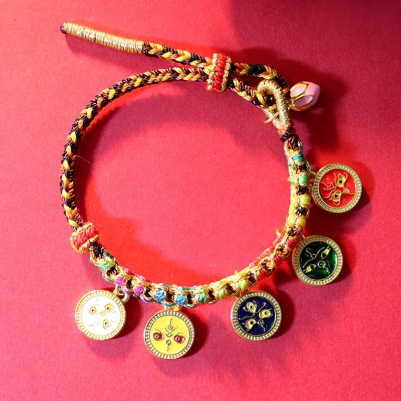 Brățară tibetană lucrată manual, lanț colorat cu frânghie, lanț cu cinci căi, zeul bogăției, brățară reglabilă cu frânghie de tragere