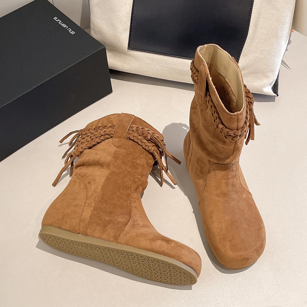 New Style Pleated Stack Boot Women's Fall Round Toe Suede Cover Foot Woven Strap Non-slip Block Heel Mid-leg Boots Zapatos Mujer