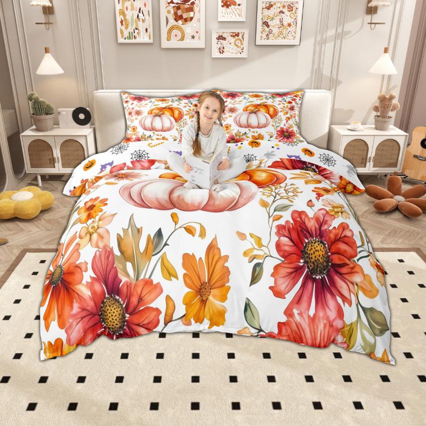 Homewish Watercolor Pumpkin Duvet Cover Set, Hello Fall Bedding Set, Thanksgiving Day Comforter Cover Set