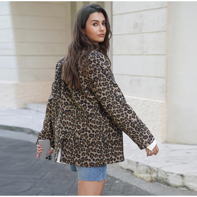 Leopard Print Suit Blazer Women Coat Casual Notched One Button