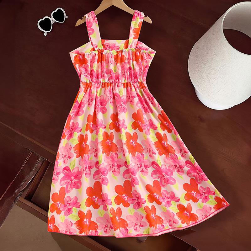 Neues 2025 Sommer-Trägerkleid für Mädchen Kinder Mode Druckkleider Strandurlaubsstil