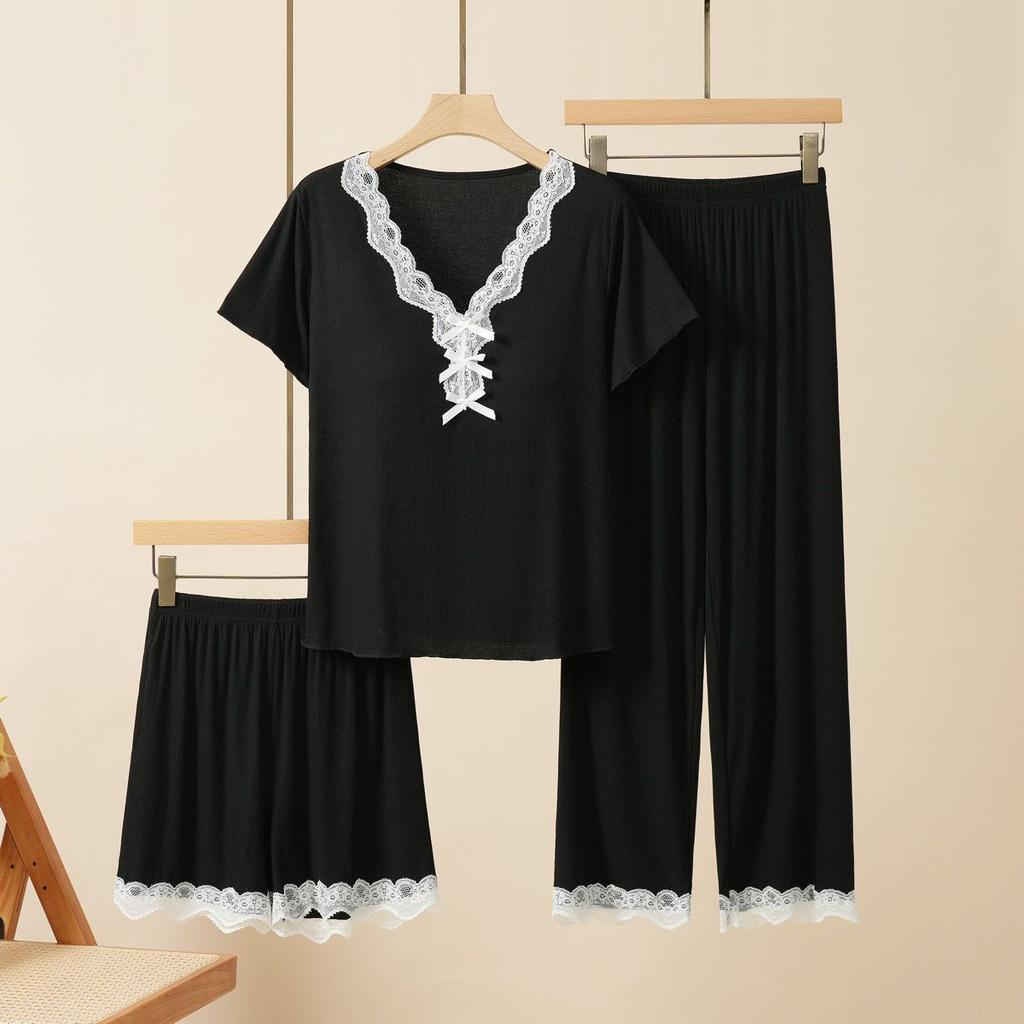 Women Suits Sets Lace-Trimmed Padded Nightgown Set with Short-Sleeve Top and Long Pants for Women Pants Two-piece Oversize 2PC Suit