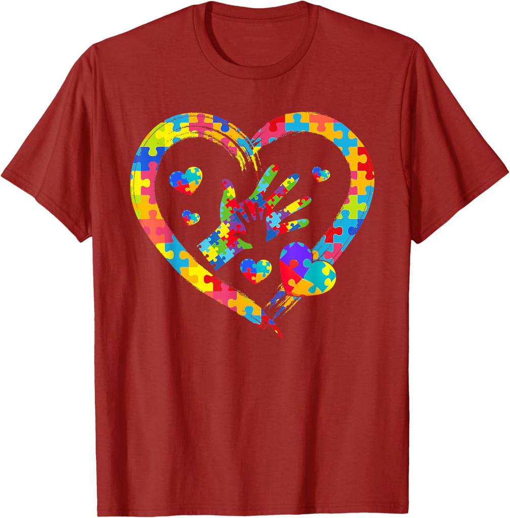 Autism Awareness Puzzle Heart Hands Love Graphic T-Shirt Casual Daily Cotton Short Sleeve Tee