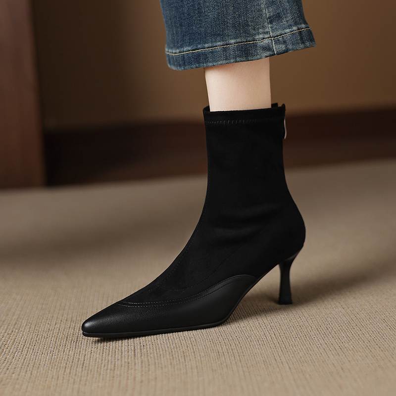 Krazing Pot Flock Pointed Toe Thin High Heels Modern Boots Size 42 Zip Patch Work Women Elastic Ankle Boots