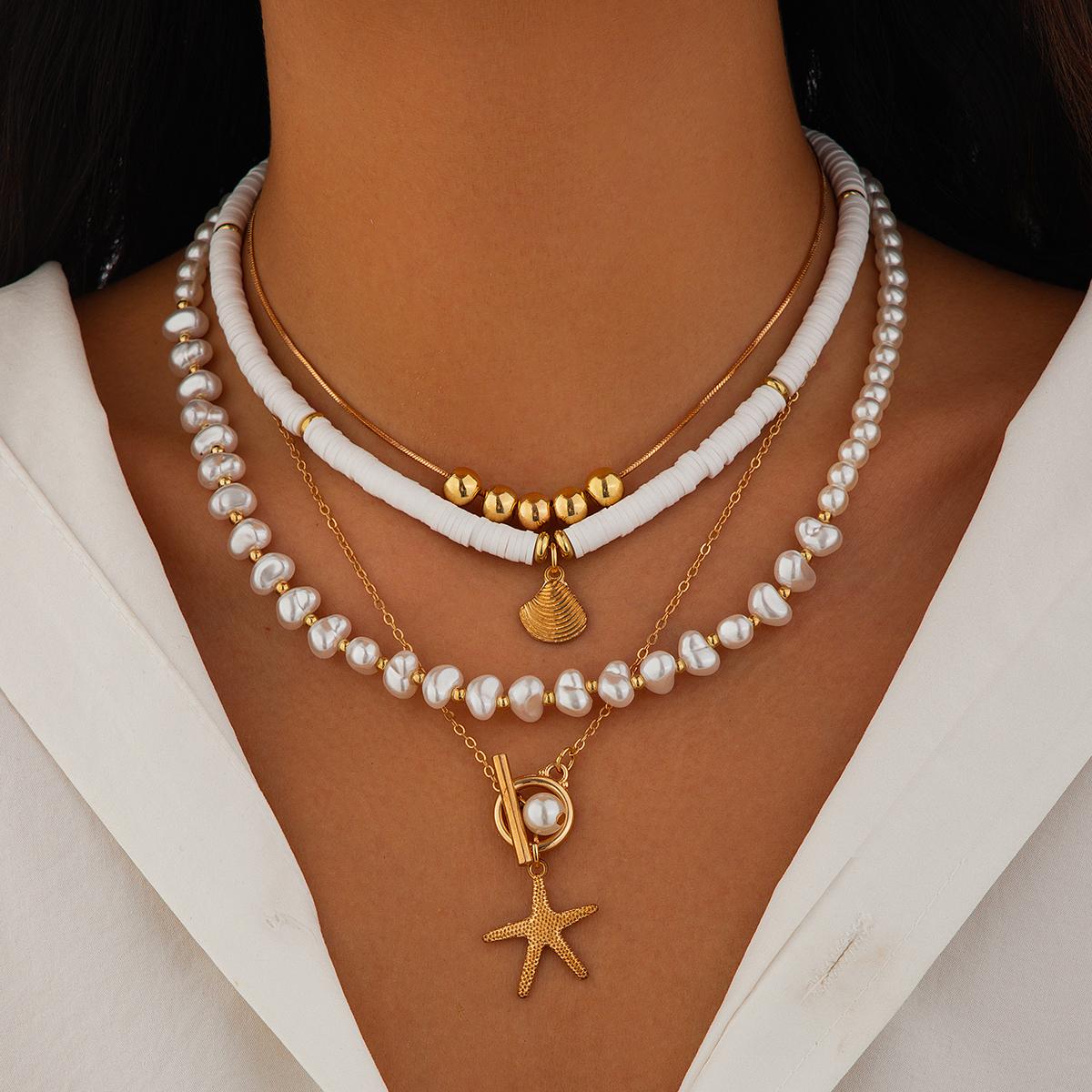 

Ingemark 3Pcs/Set Bohemian Scallop Starfish Pendant Necklace for Women Elegant Imitation Pearl Chain Jewelry Accessories Gift