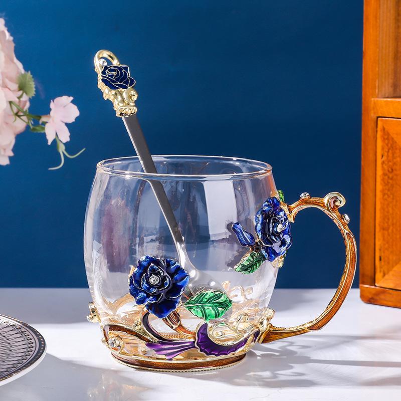 Colored Enamel Flower Glass Tea and Coffee Cup Set for Home and Office