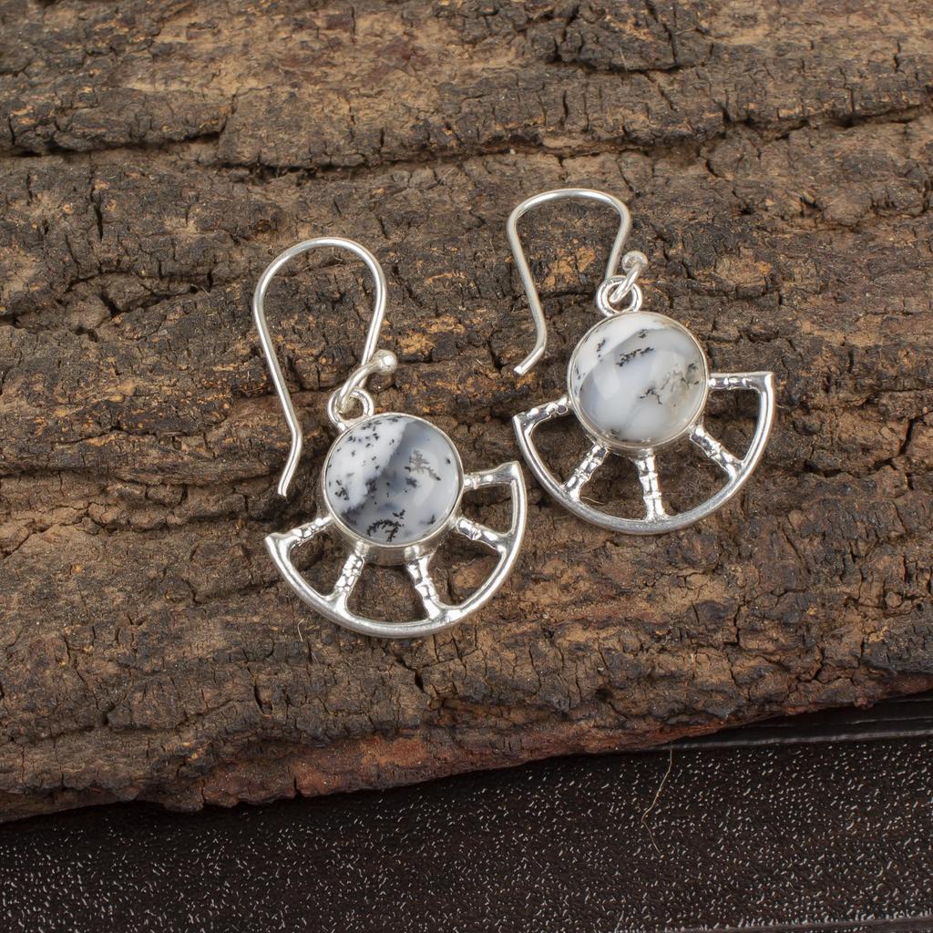 Kolczyki z opalu dendrytowego, biżuteria z kamieni szlachetnych ze srebra próby 925, kolczyki ręcznie robione, na Święto Dziękczynienia