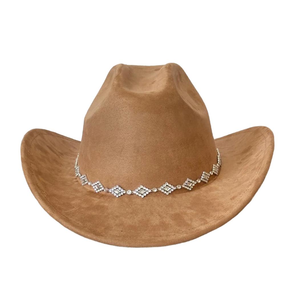Rhombus Rhinestone Suede Cowboy Hat - Upturned Brim, Fluffy Design, Perfect for Parties or Gifts