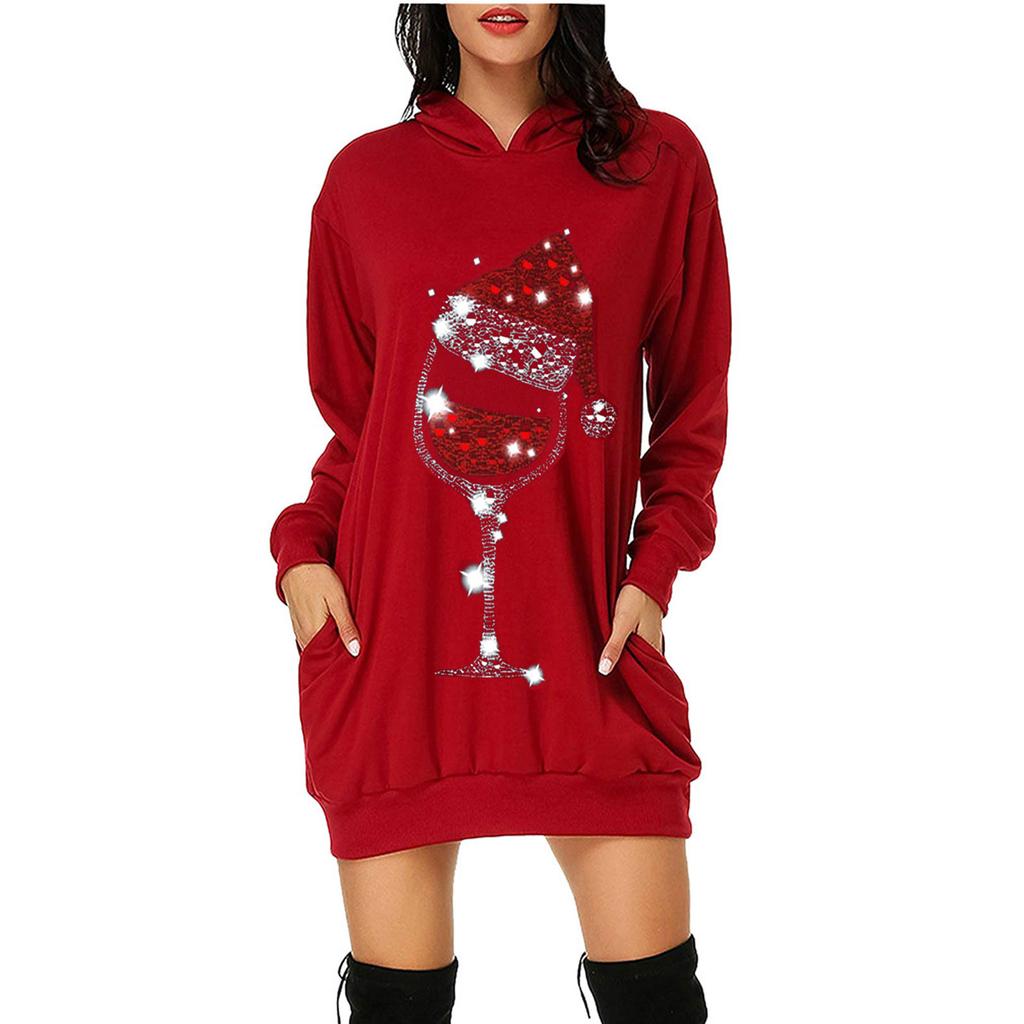 Women's Fashion Christmas Hoodie Bag Hip Pocket Print Hoodie Fashion Dress