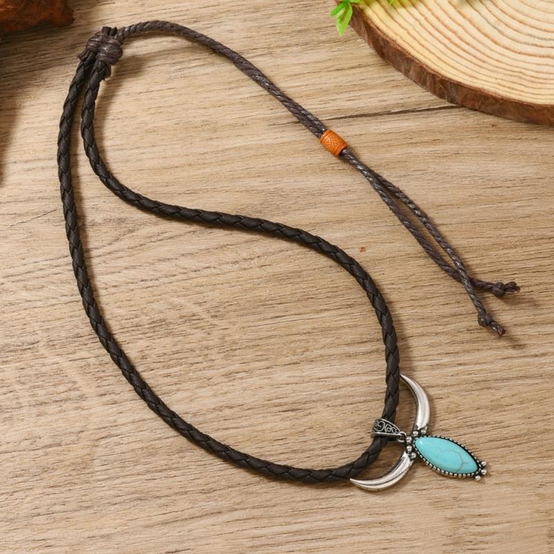 Turquoise Bull Head Pendant Necklace Ethnic Style Hand Leather Jewelry For Cultural Fashion