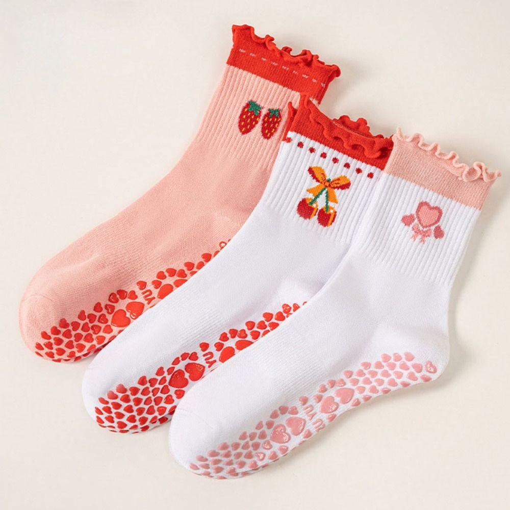 Cotton Pilates Socks Breathable Mid Tube Socks New Cherry Embroidery Socks