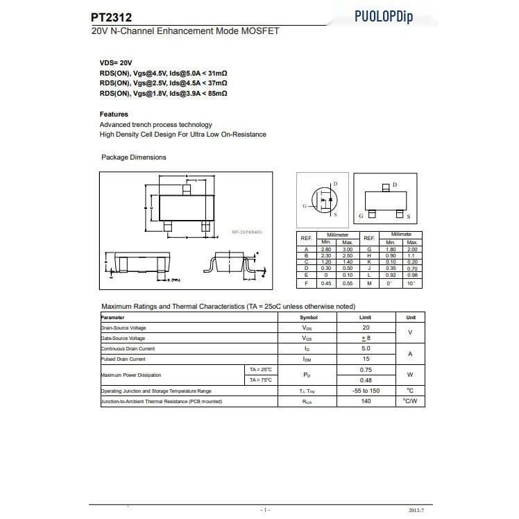 Original PT2312 SOT-23 N-Channel MOSFET
