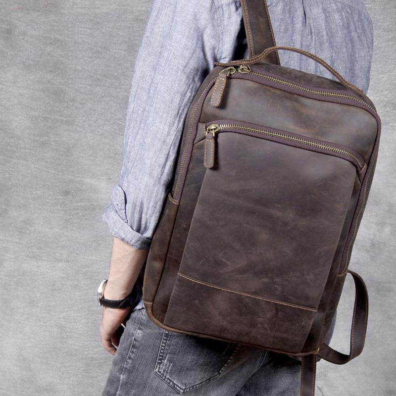 Vintage Men's Crazy Horse Leather Backpack Genuine Leather Retro Rucksack Large Classic Travel Backpack Big Laptop Computer Bag