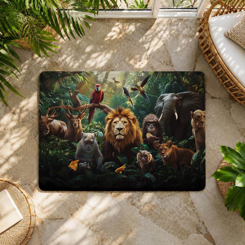 Jungle Animal Theme Design Floor Mat Flannel Rug Non Slip Absorbent Soft Washable for Entryway Hallway Bathroom Kitchen Decor