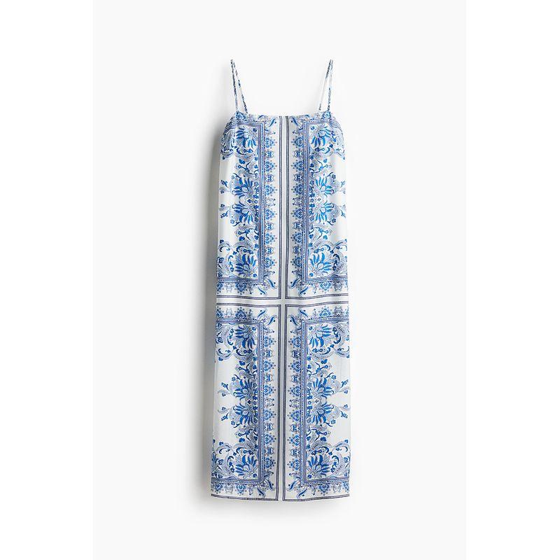 

HM Women s Clothing Dress 2025 Summer New Holiday Sleeveless Plant Print Strap Dress 1282609 White/Blue pattern 150/76(XXS)