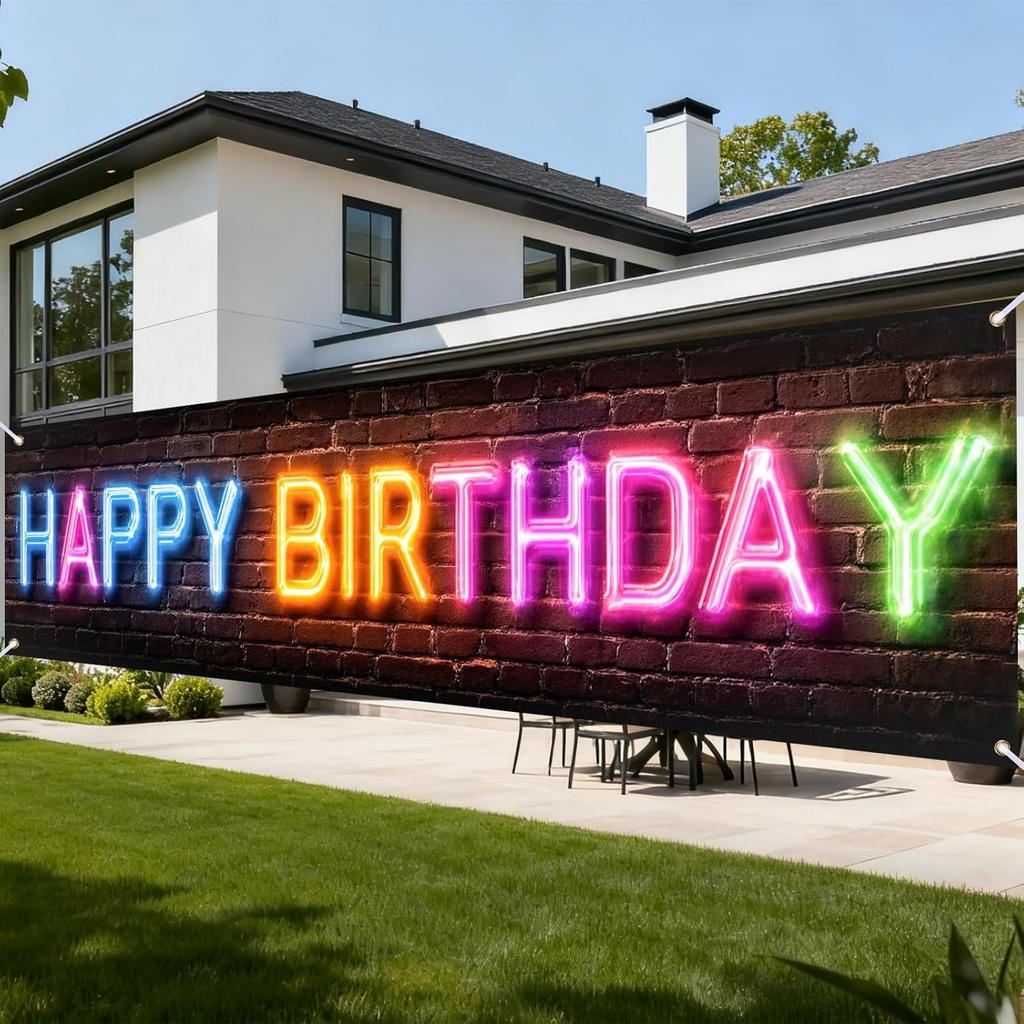 Nuxovilar Happy Birthday Yard Banner - 78.7x17.7 Inch Brick Wall with Colorful String Lights,Happy Birthday Yard Design, Outdoor/Indoor Giant