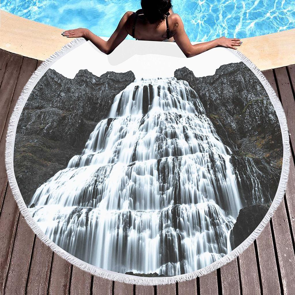 Natural Scenery Waterfall Print Round Beach Towel,Microfiber Comfortable Beach Blanket,Absorbent Quick Dry Pool Towel Picnic Mat