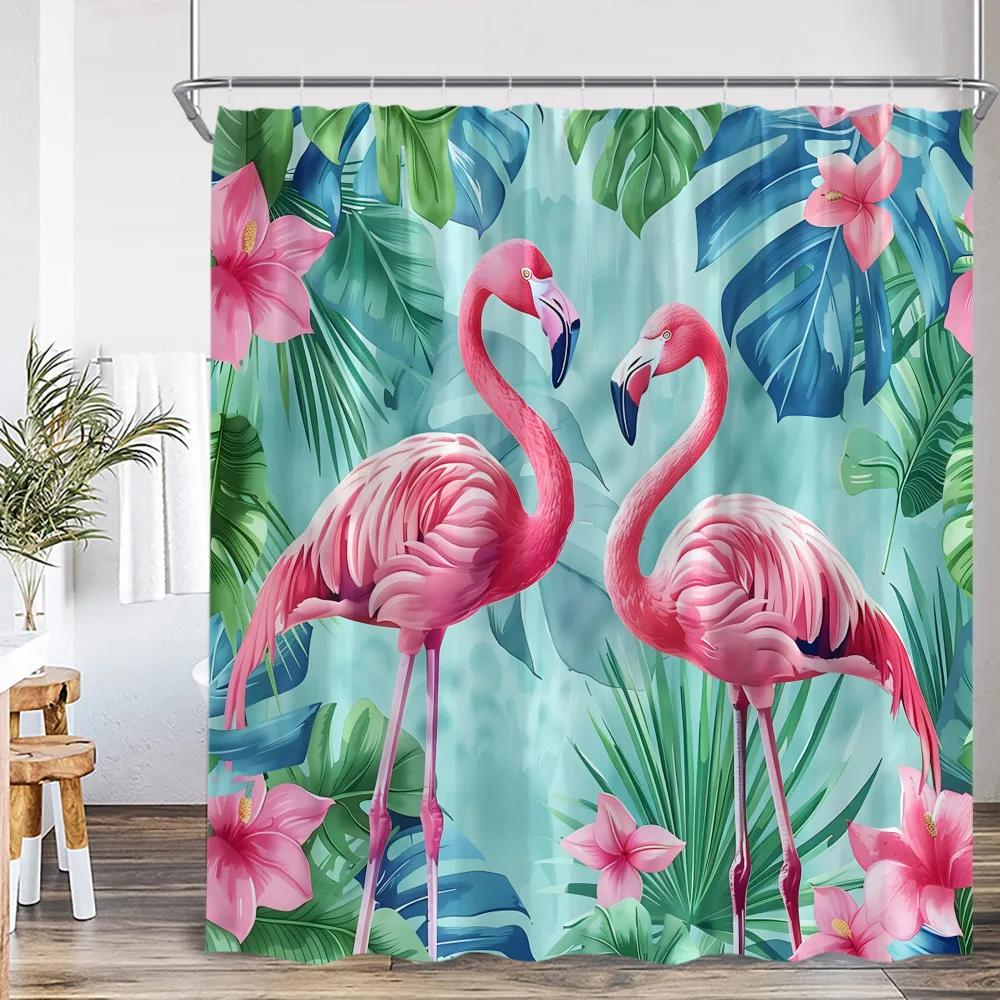 Flamingo Shower Curtain Set Pink Bird Tropical Leaf Rainforest Jungle Bathroom Decor Spring Summer Bath Mat Toilet Lid Cover