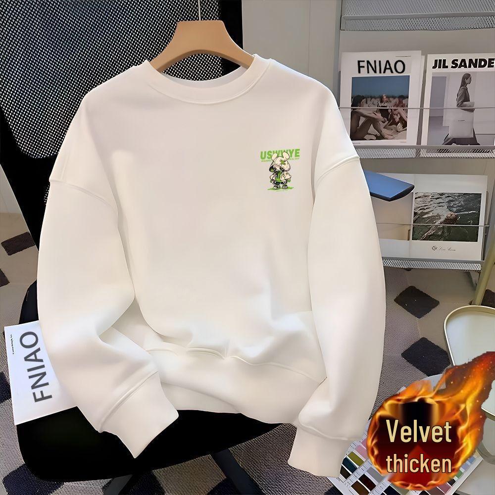 Men's Fleece-Lined Long Sleeve Round Neck Hoodie - Autumn 2025 American Style Heavyweight Pullover