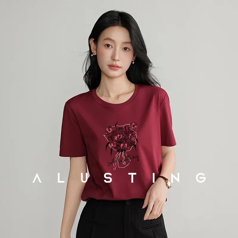 

Women s Burgundy Floral Embroidered Short Sleeve T-Shirt Casual Crew Neck Cotton Summer Elegant L бордовий